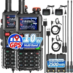 Ham Radio Baofeng 5RH PRO GPS 10W Long Range Handheld Two Way Radio NOAA Weather Receiver 2500mAh Battery High Power Rechargeable Walkie Talkies with Type-C Charging,2 Pack