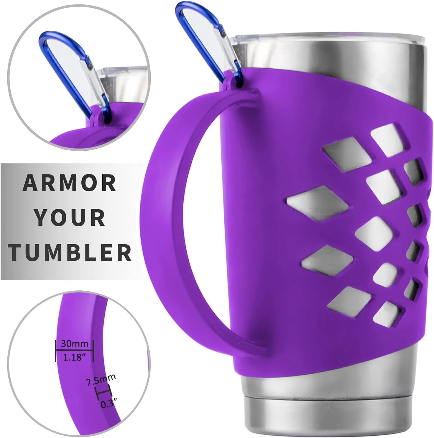 Handler for 20 oz Tumbler, Anti Slip Silicone Tumbler Grip Protective Sleeve Cover With Handle for Yeti Rambler Travel Mug Cup (20oz Purple)