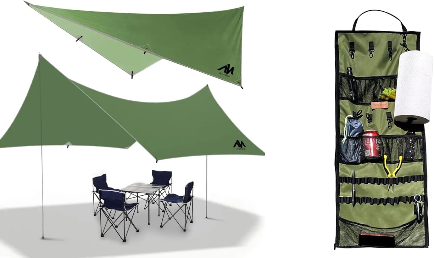 Hanging Organizer   Camping Tarp, 10x15 FT Waterproof Tarp & Tent Organizer for Inside with Campsite Storage Straps & Mesh Pockets & Hanging Hooks for Camping, RV Camper, Picnic