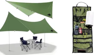 Hanging Organizer   Camping Tarp, 10x15 FT Waterproof Tarp & Tent Organizer for Inside with Campsite Storage Straps & Mesh Pockets & Hanging Hooks for Camping, RV Camper, Picnic