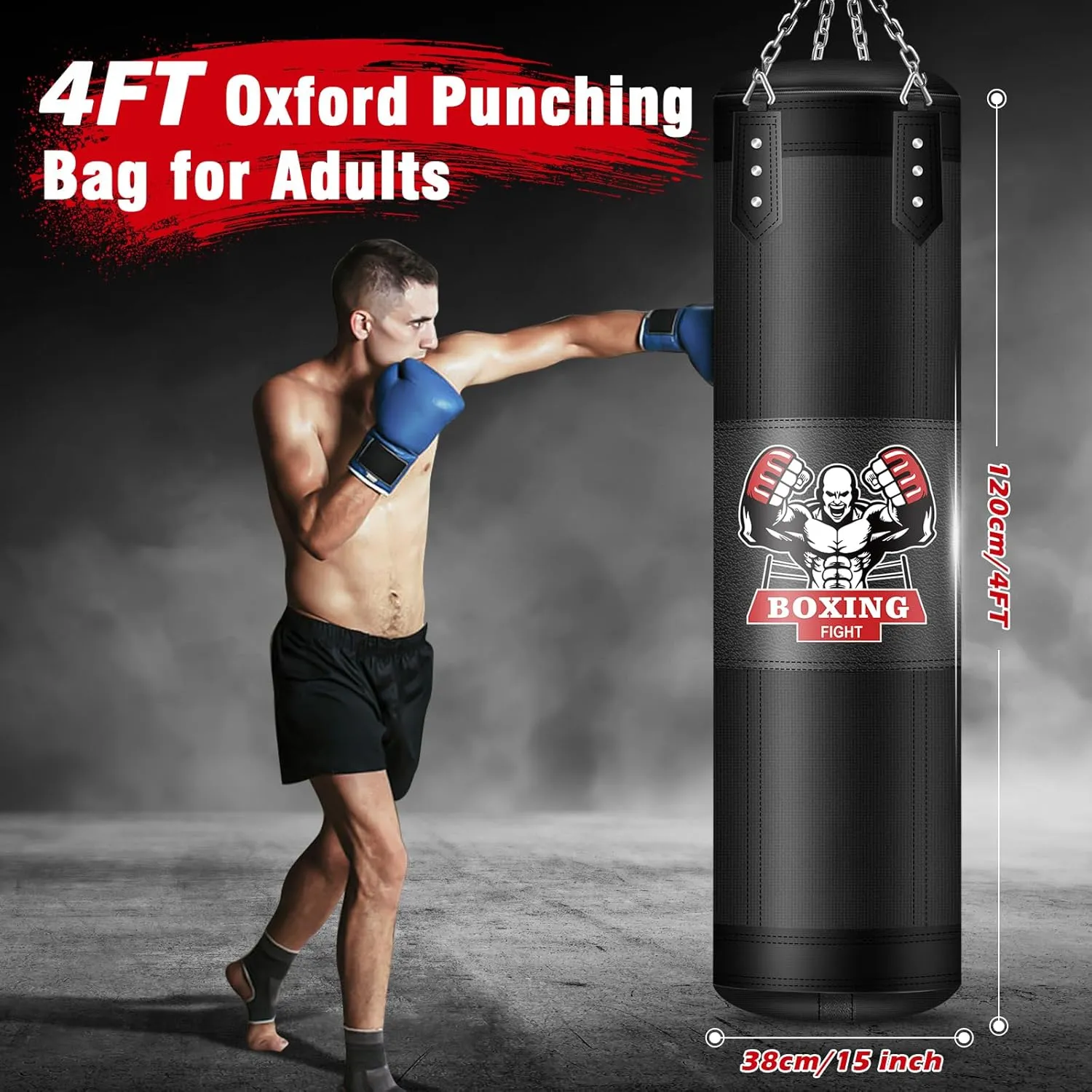 Hanging Punching Bag for Adults, 4ft PU Leather Heavy Boxing Bag Set, Hanging Bag Boxing Equipment for MMA Karate Kickboxing Boxing Home Gym, Unfilled