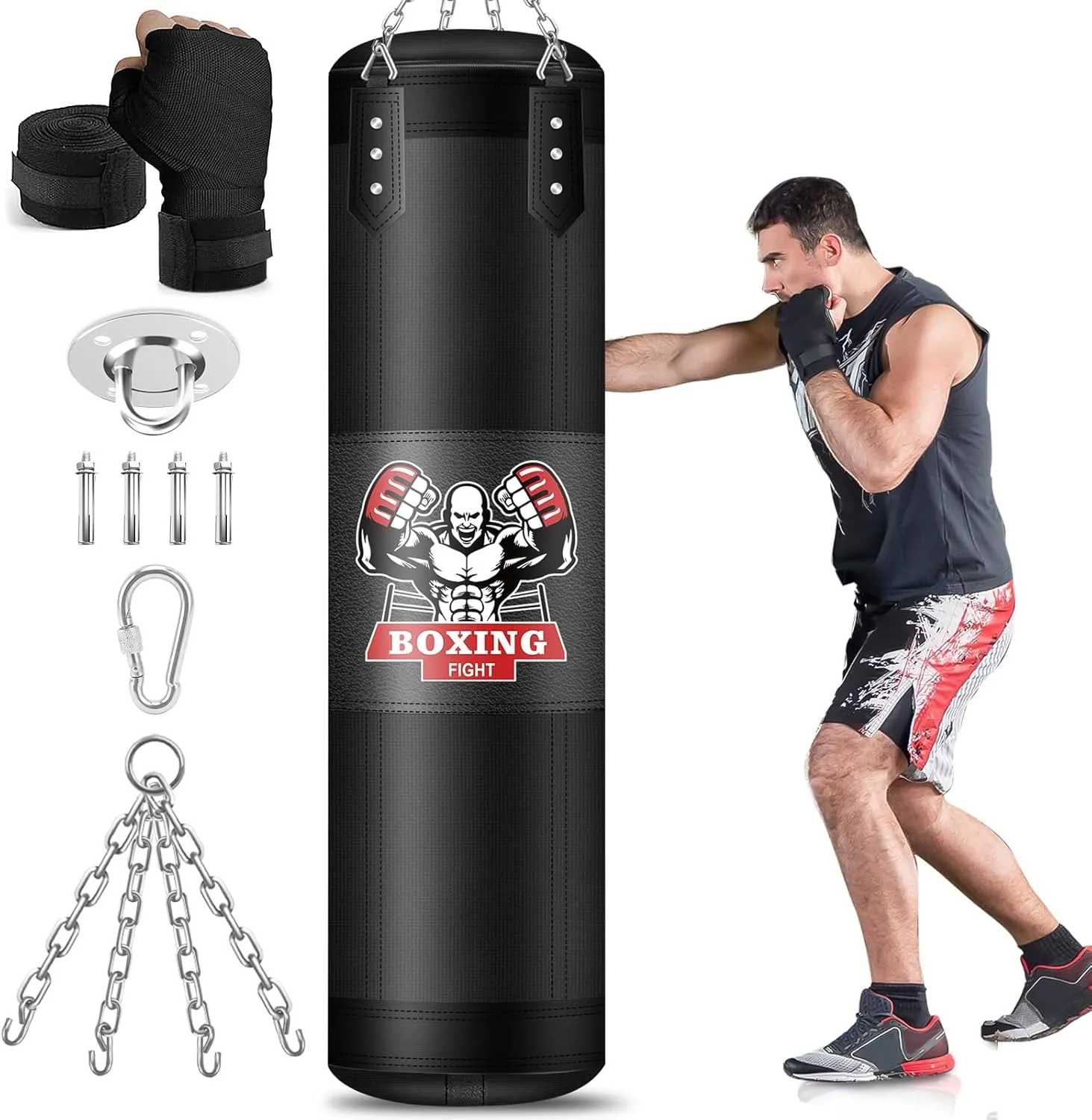 Hanging Punching Bag for Adults, 4ft PU Leather Heavy Boxing Bag Set, Hanging Bag Boxing Equipment for MMA Karate Kickboxing Boxing Home Gym, Unfilled