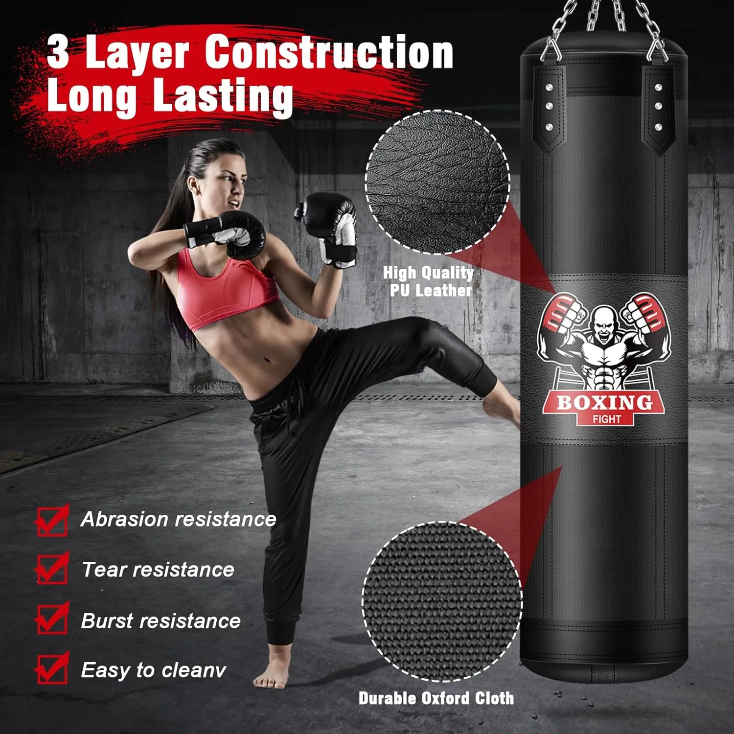 Hanging Punching Bag for Adults, 4ft PU Leather Heavy Boxing Bag Set, Hanging Bag Boxing Equipment for MMA Karate Kickboxing Boxing Home Gym, Unfilled
