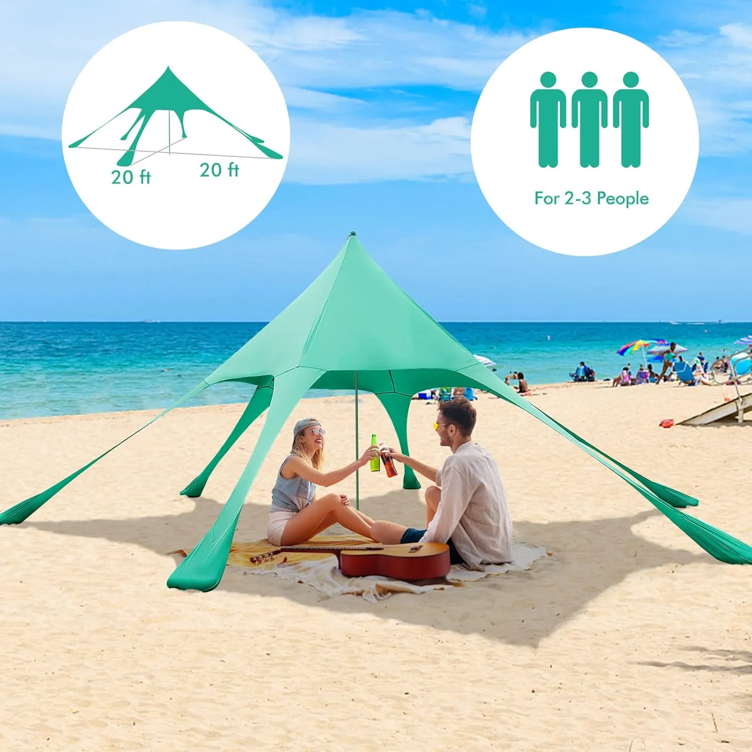 HAPPYGRILL Beach Canopy Sun Shelter with Aluminum Pole, 20 FT x 20 FT, UPF 50  Pop Up Tent with Sandbag, Tent Pegs, Sand Shovel, Carry Bag, Portable Outdoor Sunshade for Camping Sport Events Picnic