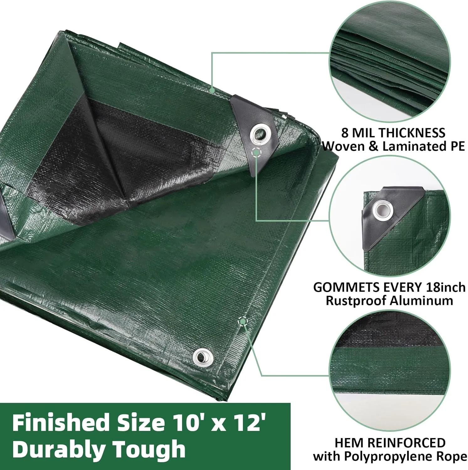 Heavy Duty Double-Sided Waterproof Poly Tarp 10x12 Feet 8mil Thick Polyethylene Tarps, Perfect for Outdoor Use, Plastic Cover & Mat for Tent Camping Storage Boat Bikes Vehicles
