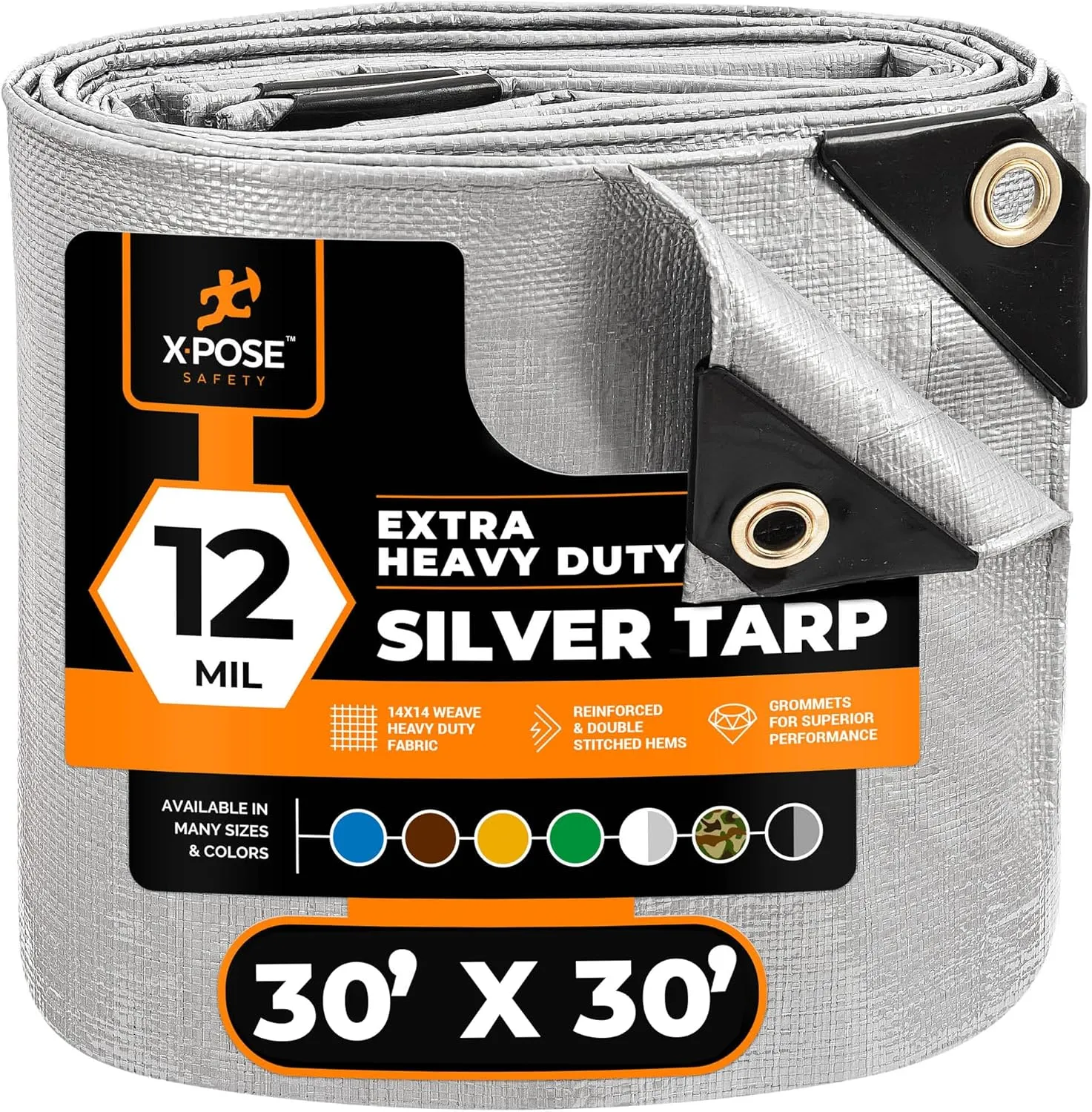 Heavy Duty Silver Poly Tarp 30' X 30' - Multipurpose Protective Cover - Durable, Waterproof, Weather Proof, Rip and Tear Resistant - Extra Thick 12 Mil Polyethylene - by Xpose Safety