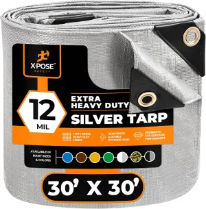 Heavy Duty Silver Poly Tarp 30' X 30' - Multipurpose Protective Cover - Durable, Waterproof, Weather Proof, Rip and Tear Resistant - Extra Thick 12 Mil Polyethylene - by Xpose Safety