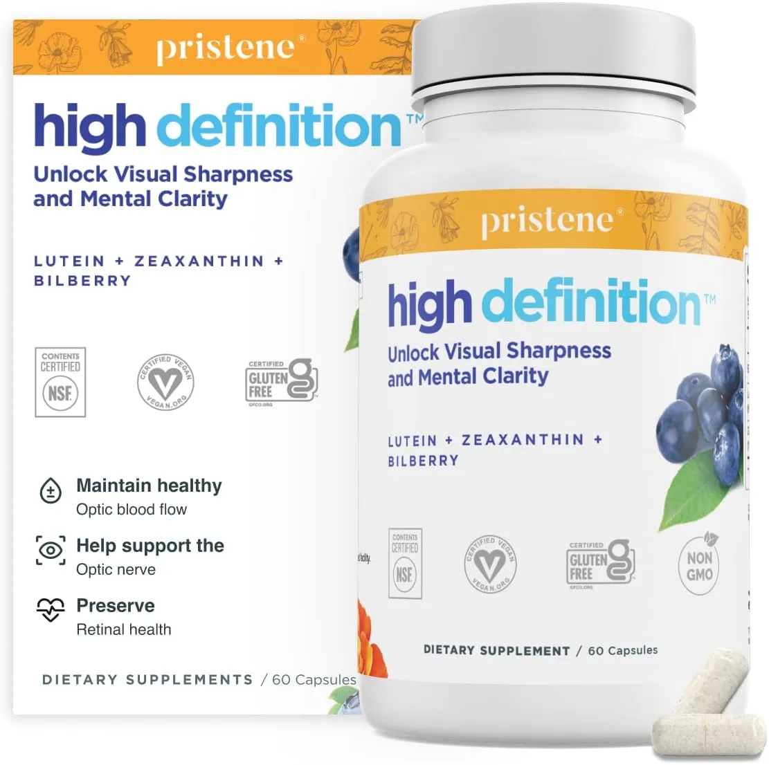 High Definition Brain   Eye Supplement for Memory, Focus & Concentration, Lutein & Zeaxanthin (25mg/5mg) to Protect Your Eyes from Blue Light & Screens, Bilberry Supplement to Support BDNF