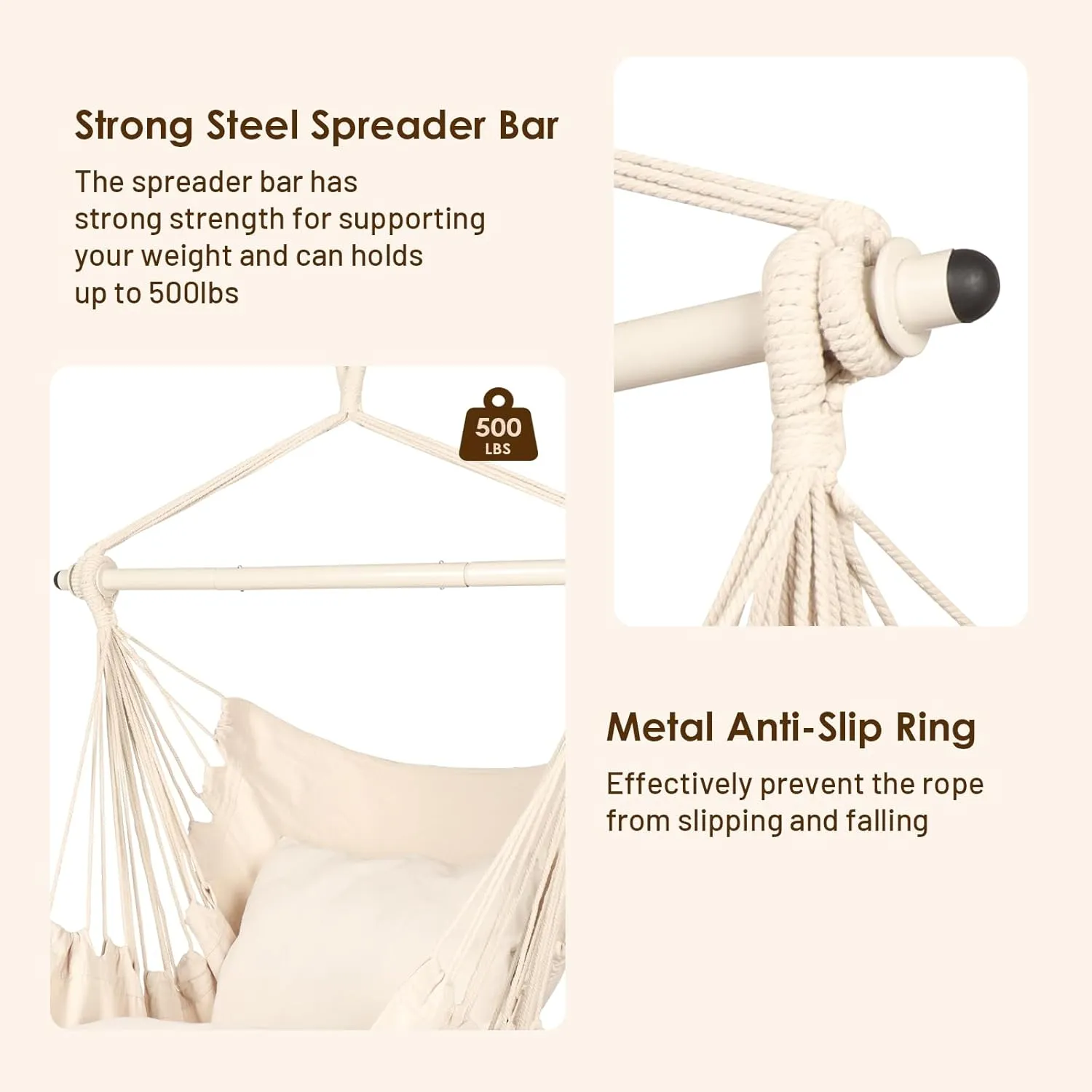 Highwild Hammock Chair Hanging Rope Swing - Max 500 Lbs - 2 Cushions Included - Steel Spreader Bar with Anti-Slip Rings - for Any Indoor or Outdoor Spaces (Beige)