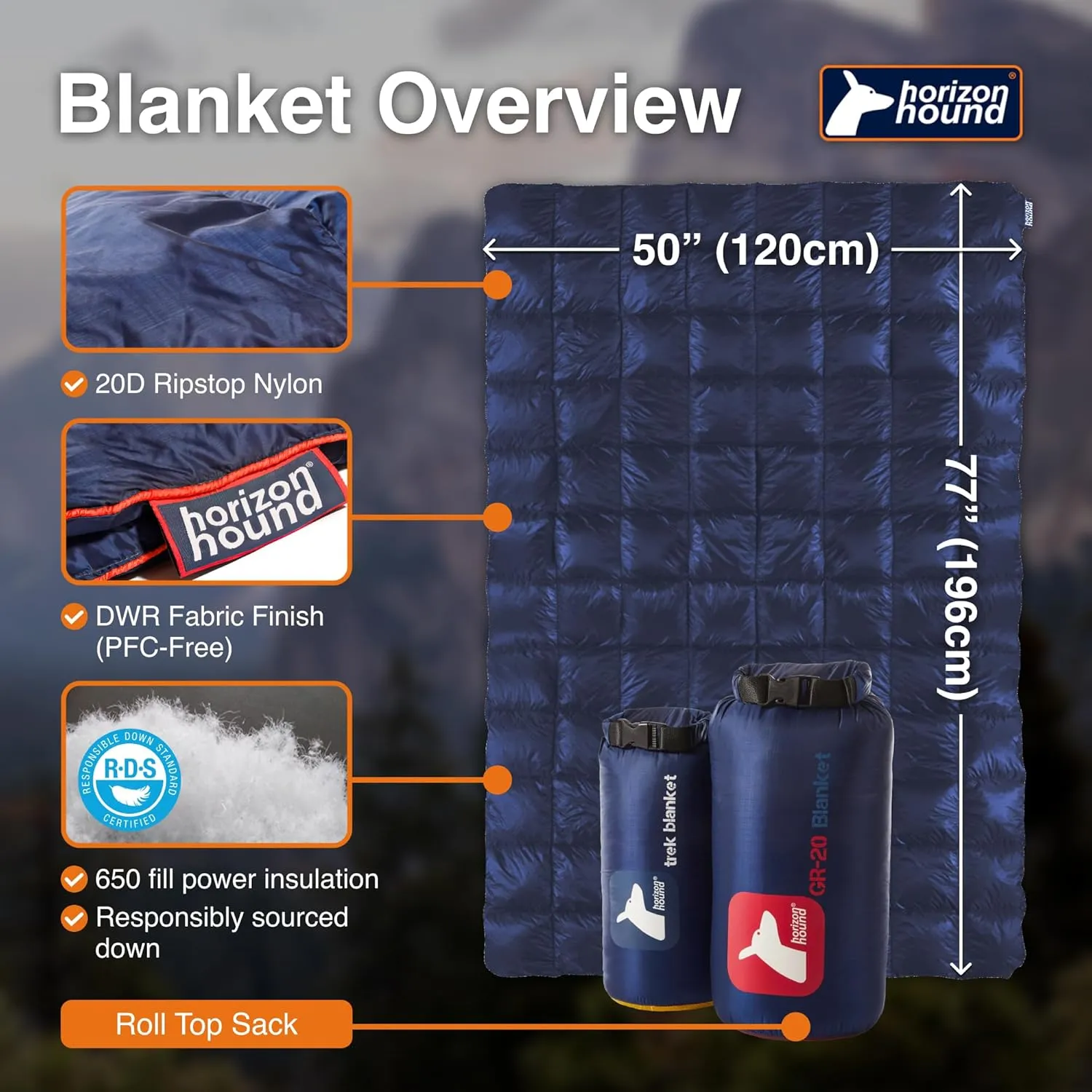Horizon Hound Down Camping Blanket - Outdoor Travel Quilt | Sustainable, Insulated, Lightweight & Warm Gear for Sleep, Camping, Stadium, Hiking & Festivals | Water Resistant, Packable & Compact