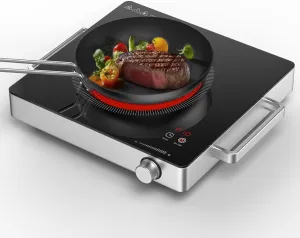 Hot Plate Electric Single Burner 1800W Portable Burner for Cooking with Adjustable Temperature & Stay Cool Handles, Stainless Steel, Cooker with Knob Control, Compatible for All Cookwares