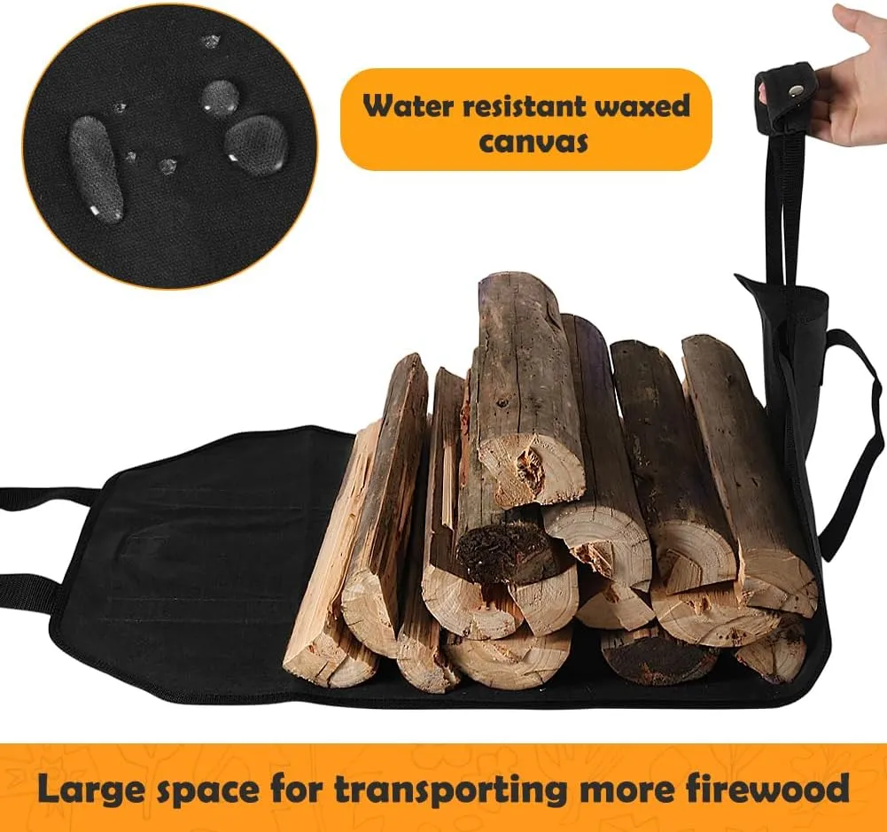 HRX Package Waxed Canvas Firewood Carrier, Water Resistant Log Tote Wood Carrying Bag with Handles for Camping Trip Christmas Gift (Black)