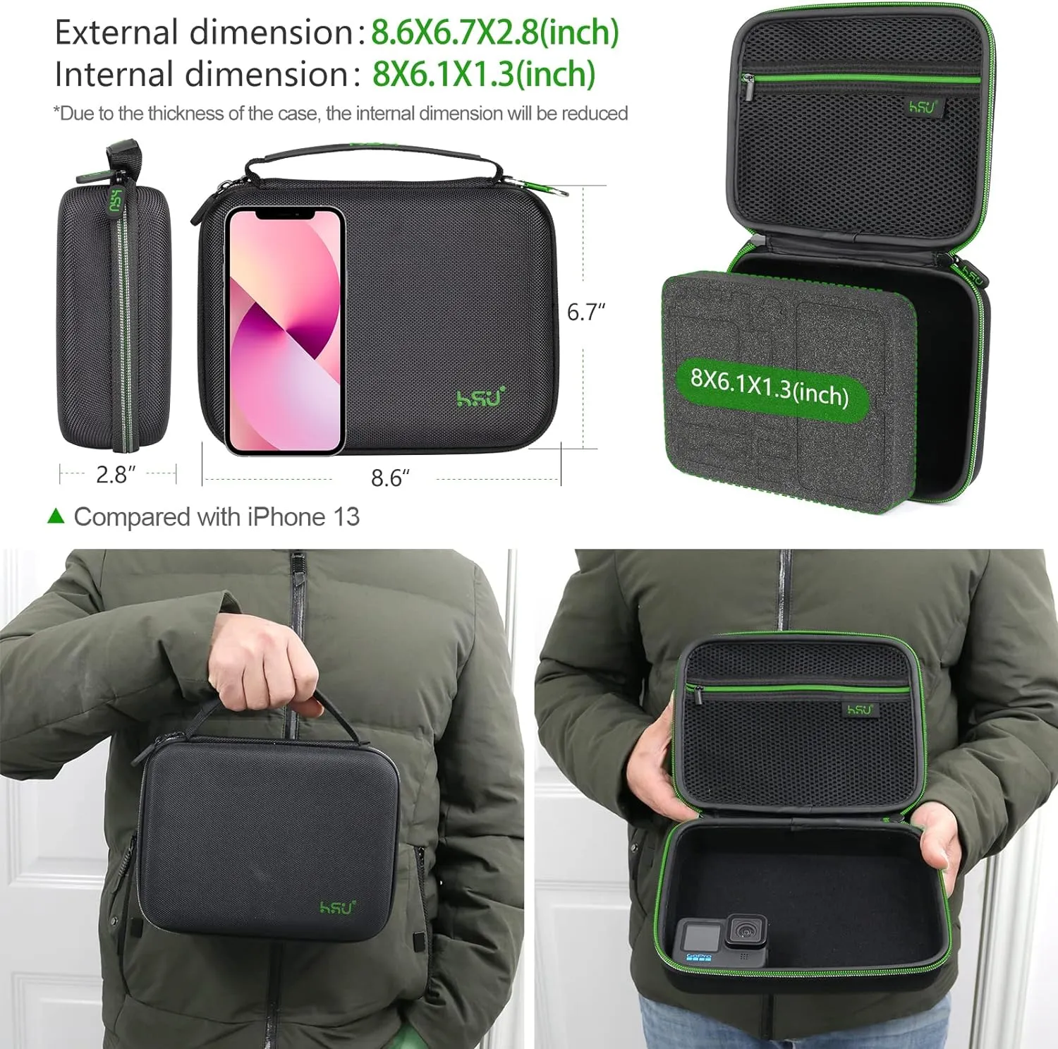 HSU Protective Carrying Case Compatible with Go Pro Hero 13, 12, 11, 10, 9, 8, 7, 6, 5, 4, 3 and Accessories, Light and Medium Security Bag, Compact and Safe Action Camera Travel Storage
