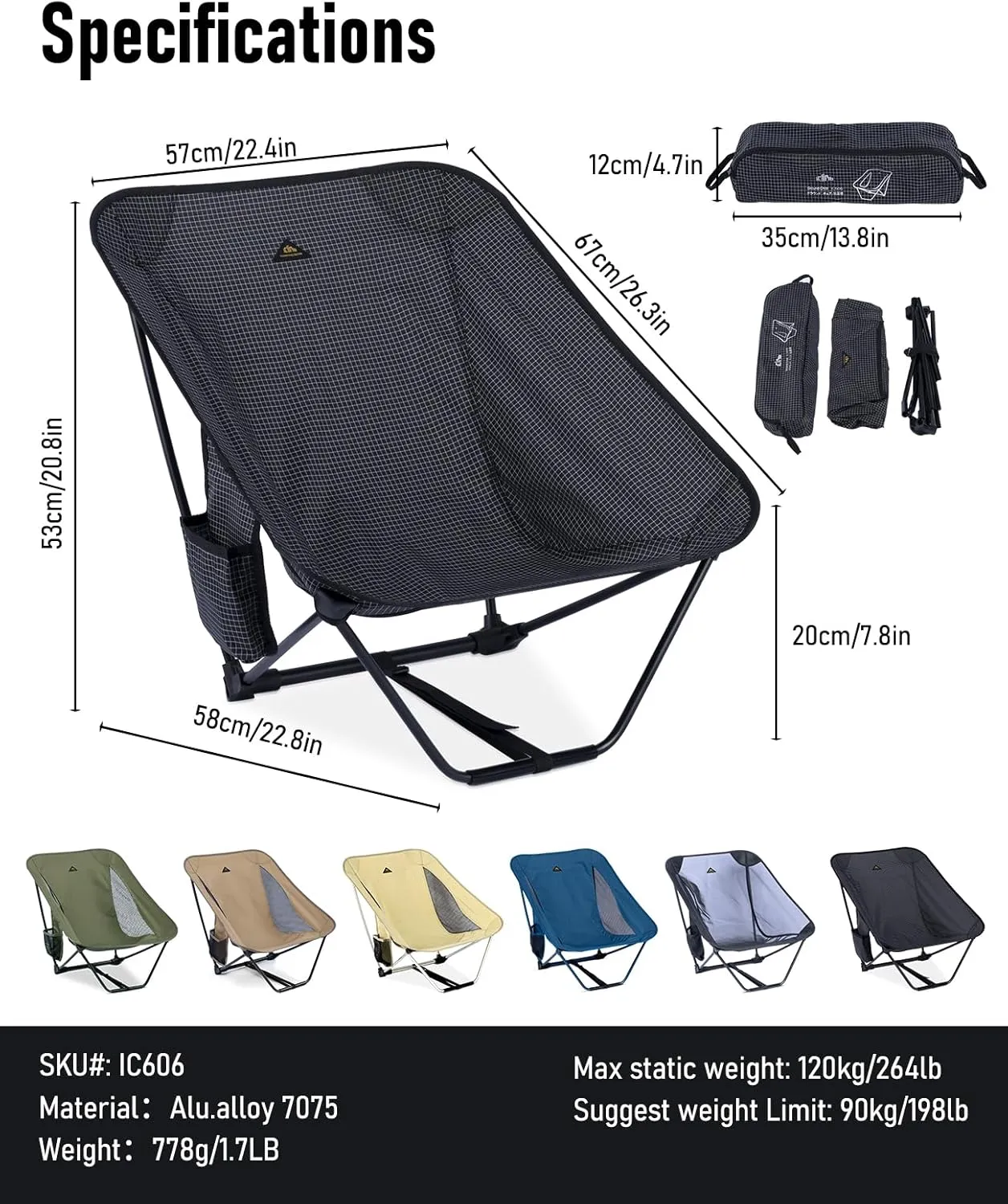 iClimb Low Ultralight Compact Camping Folding Chair with Side Pocket and Carry Bag