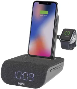iHome TIMEBASE PRO  Triple Charging Alarm Clock | Qi-Certified Wireless Charging, Apple Watch Charger, Bluetooth Speaker, USB Charging and Battery Backup (Model iWBTW200B)