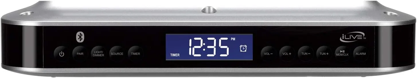iLive Under The Counter Wireless Stereo Bluetooth Speaker, Digital Alarm Clock, Kitchen Timer, Dual HD Speakers, FM Radio LCD Display, LED Light, Easy Installation, Sleek Modern Home Décor