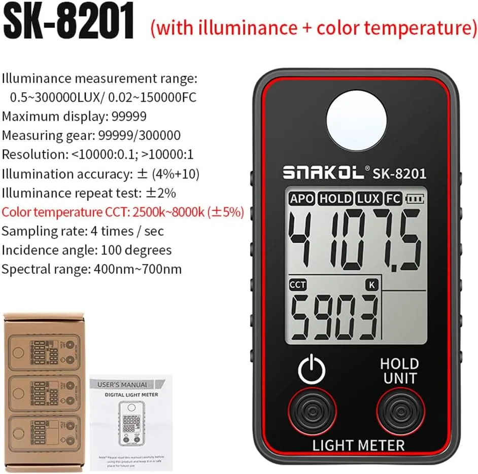 Illuminance Meter,Color Temperature Tester High Precise Illuminance Meter 0.5-300000LUX LED Illumination Test Meter Photographic Luminance Measuring Device