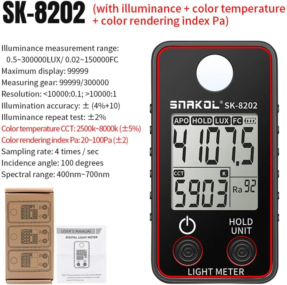 Illuminance Meter,Color Temperature Tester High Precise Illuminance Meter 0.5-300000LUX LED Illumination Test Meter Photographic Luminance Measuring Device