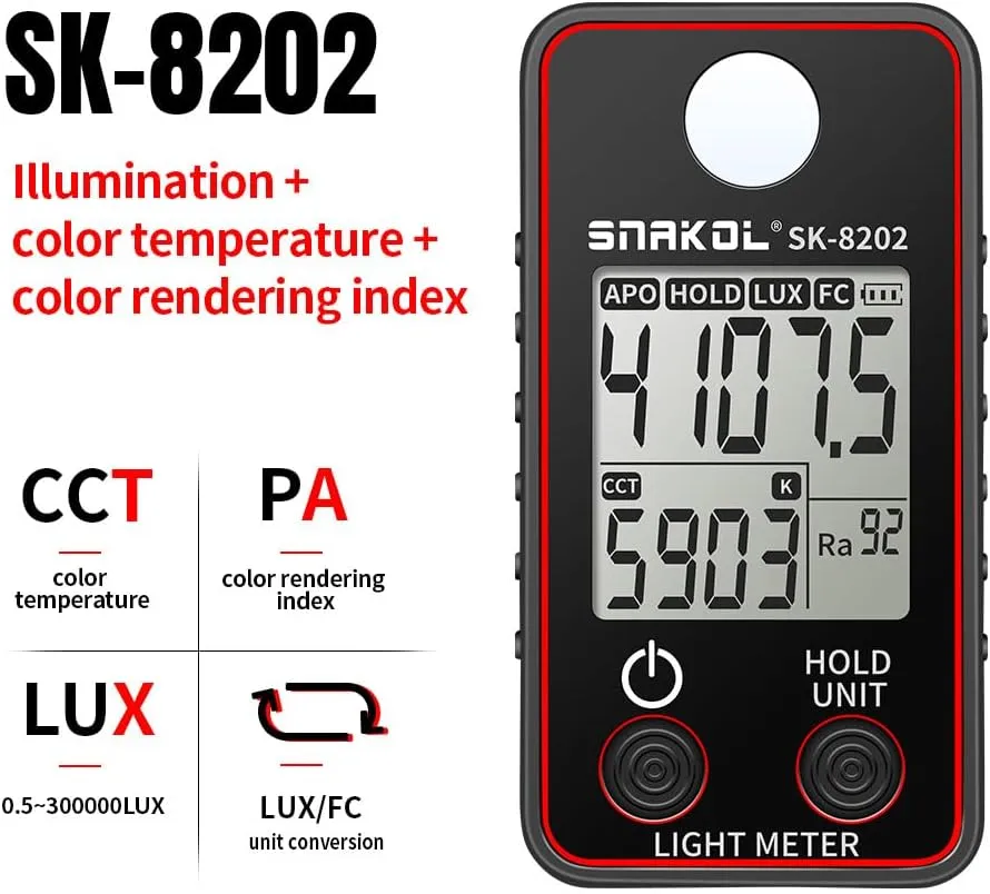 Illuminance Meter,Color Temperature Tester High Precise Illuminance Meter 0.5-300000LUX LED Illumination Test Meter Photographic Luminance Measuring Device