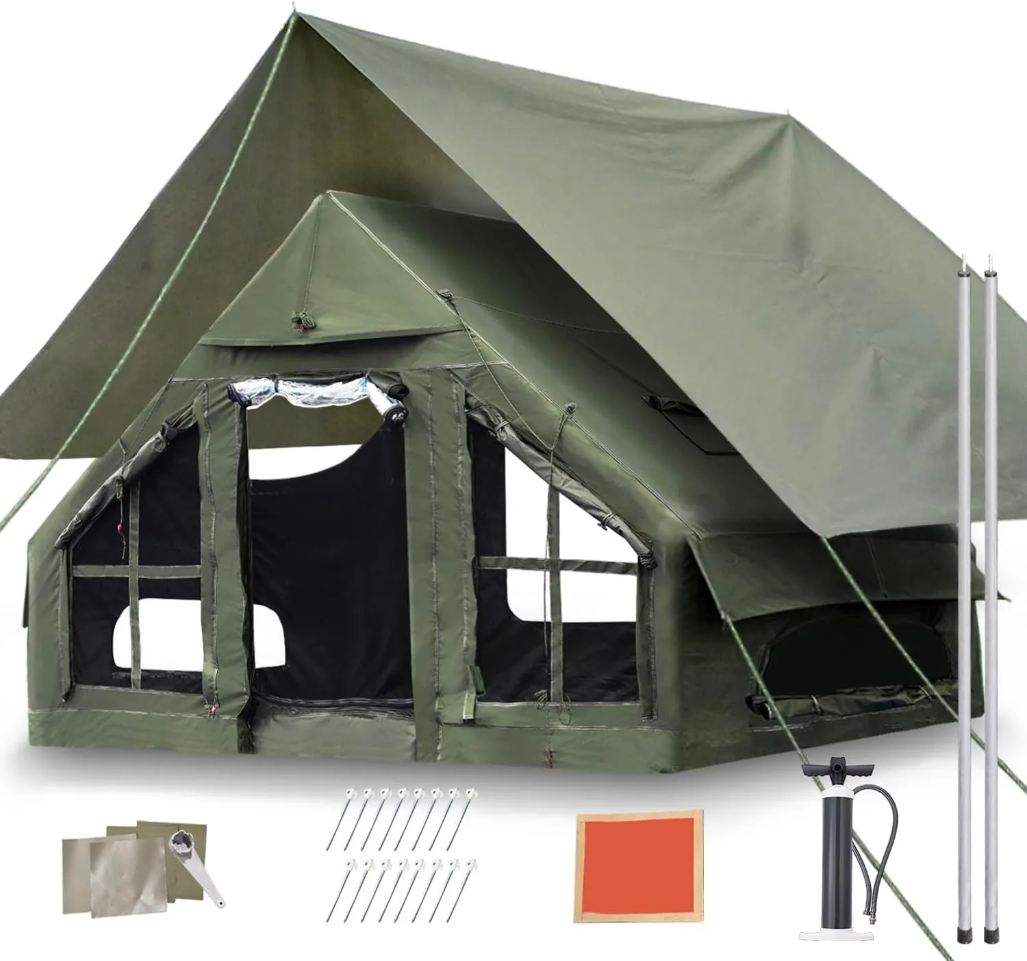 Inflatable Camping Tent, Luxury 4 Season Family Glamping Tents with Pump, Waterproof Canopy, Mesh Windows & Door, Clear Curtains & Skylight, for Travel & Adventure