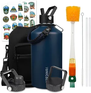 Insulated Water Bottle 128oz,Triple Wall Vacuum Stainless Steel(Dishwasher Safe),Leak Proof & Non-BPA,Flask Jug with Paracord Handle & Straw Spout Lids Sports Navy Blue
