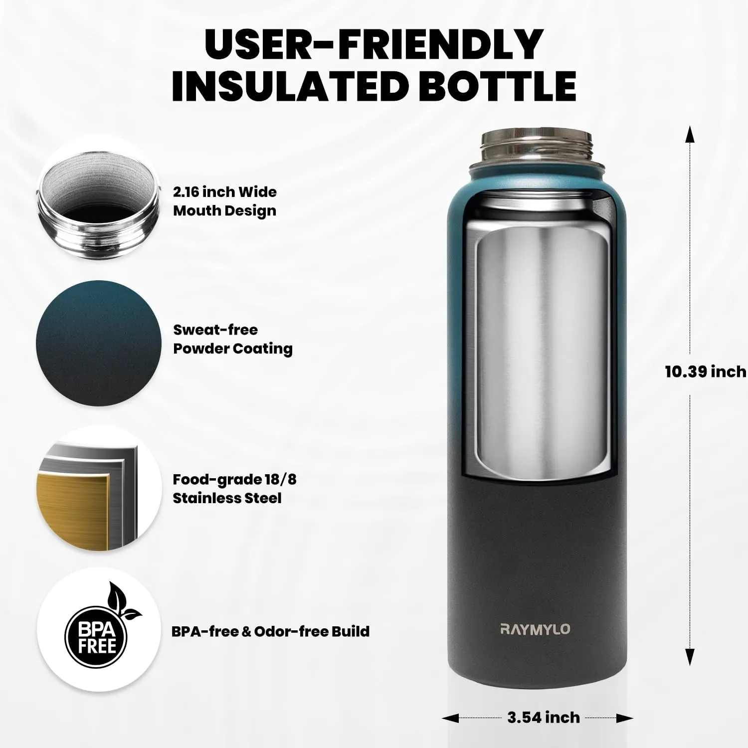 Insulated Water Bottle 40 oz, Triple Wall Vacuum Stainless Steel (Cold for 48 Hrs), Leak Proof & Non-BPA, Modern Water Flask Jug with Paracord Handle & Straw Spout Lids, Indigo/Black