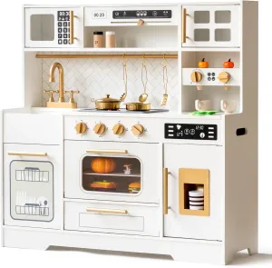 Interactive Wooden Play Kitchen Set for Kids Realistic Features with Extended Storage and 15 Kitchen Accessories, Ideal Pretend Playset Gift for Toddlers and Children Ages 3 