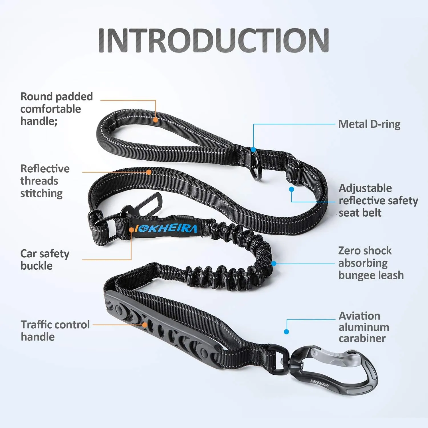 IOKHEIRA Multifunctional Leash with Car Seatbelt for Large, Medium Dogs, Adjustable, 4-6 FT Strong Bungee Leash