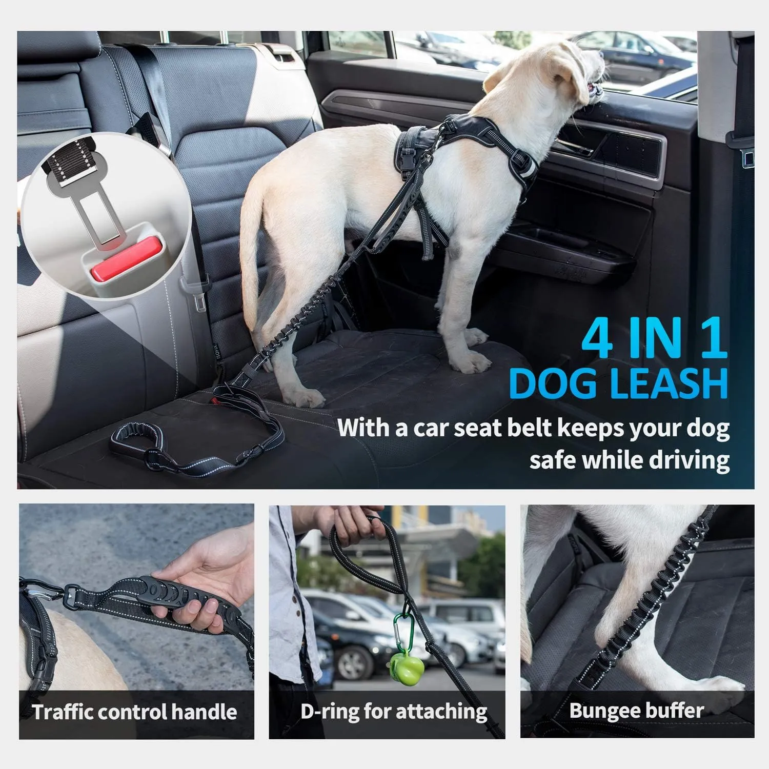 IOKHEIRA Multifunctional Leash with Car Seatbelt for Large, Medium Dogs, Adjustable, 4-6 FT Strong Bungee Leash