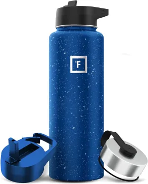 IRON °FLASK Camping & Hiking Hydration Flask with 3 Lids - Stainless Steel, Double Walled & Vacuum Insulated Water Bottle - Leak Proof & BPA Free (Cobalt Speckle, Straw - 40 oz)
