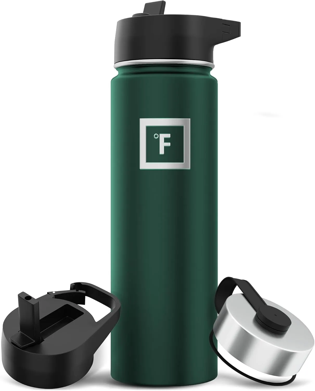 IRON °FLASK Camping & Hiking Hydration Flask with 3 Lids - Stainless Steel, Double Walled & Vacuum Insulated Water Bottle - Leak Proof & BPA Free (Dark Pine, Straw - 22 oz)