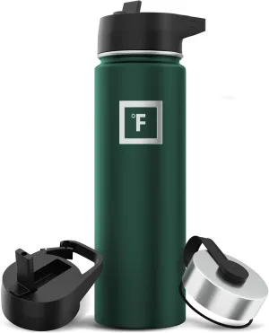 IRON °FLASK Camping & Hiking Hydration Flask with 3 Lids - Stainless Steel, Double Walled & Vacuum Insulated Water Bottle - Leak Proof & BPA Free (Dark Pine, Straw - 22 oz)