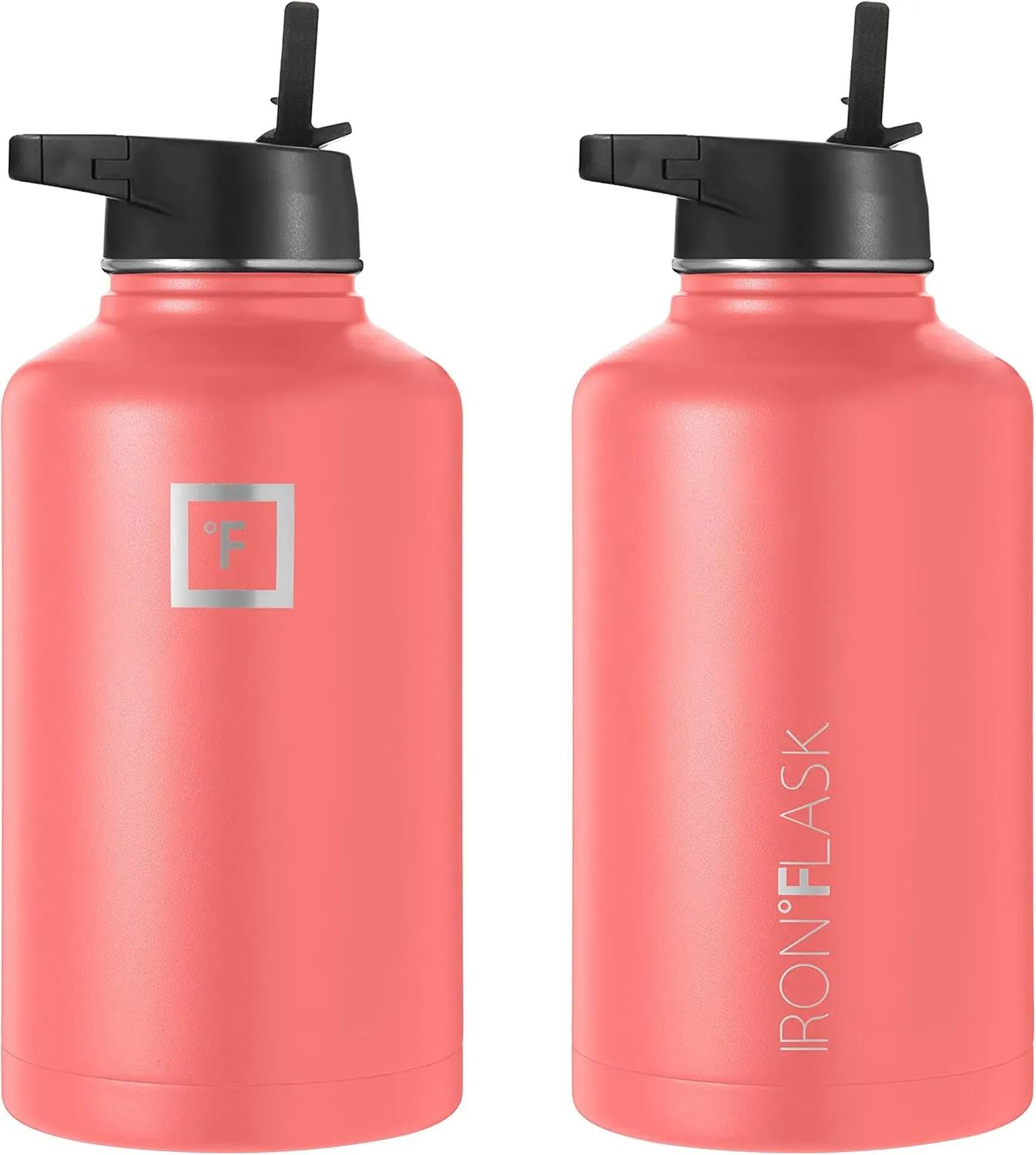 IRON °FLASK Camping & Hiking Hydration Flask with 3 Lids - Stainless Steel, Double Walled & Vacuum Insulated Water Bottle - Leak Proof & BPA Free (Peach, Straw - 64 oz)
