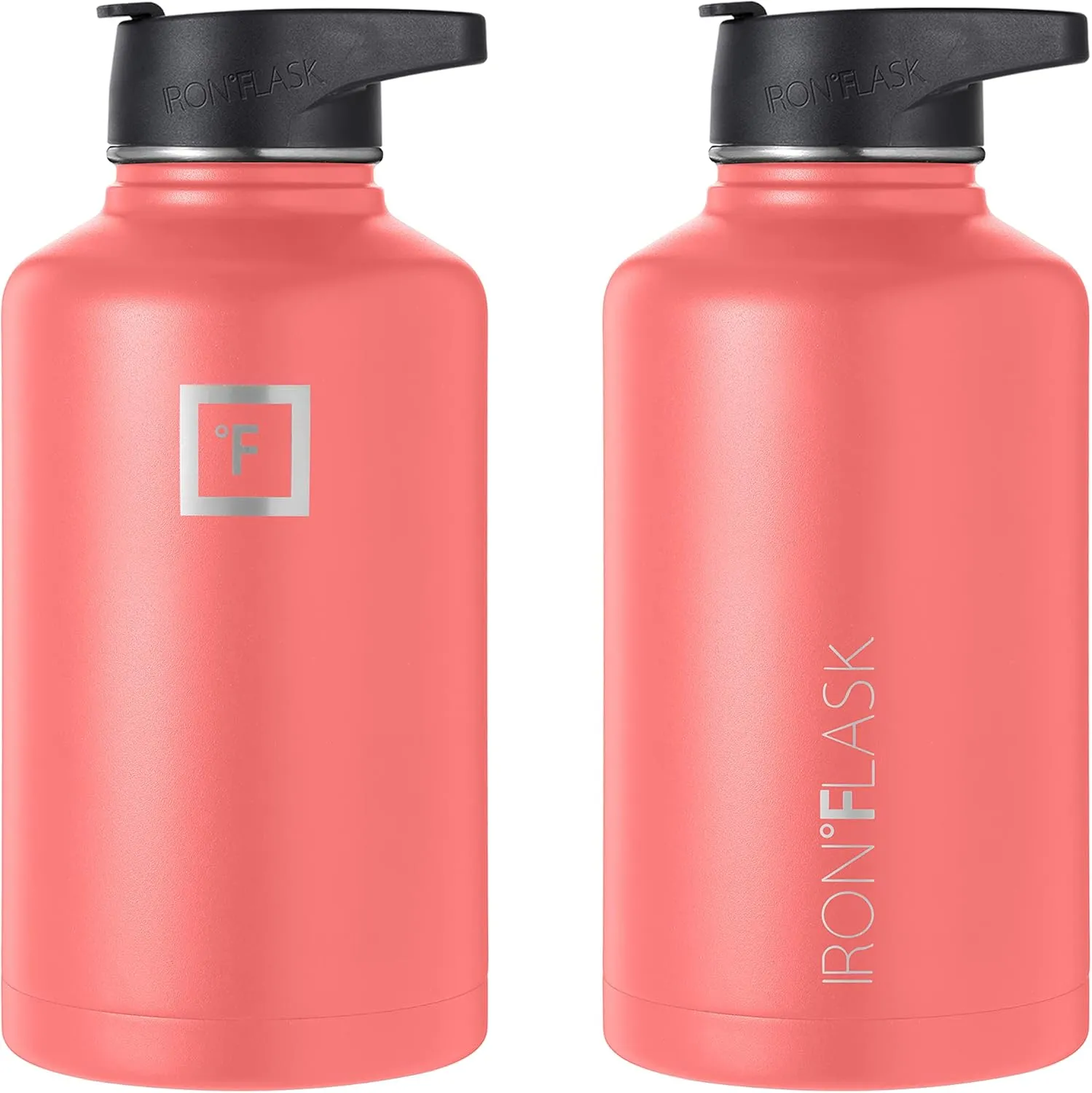 IRON °FLASK Camping & Hiking Hydration Flask with 3 Lids - Stainless Steel, Double Walled & Vacuum Insulated Water Bottle - Leak Proof & BPA Free (Peach, Straw - 64 oz)