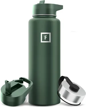 IRON °FLASK Camping & Hiking Hydration Flask with 3 Lids - Stainless Steel, Double Walled & Vacuum Insulated Water Bottle - Leak Proof & BPA Free (Sage, Straw - 40 oz)