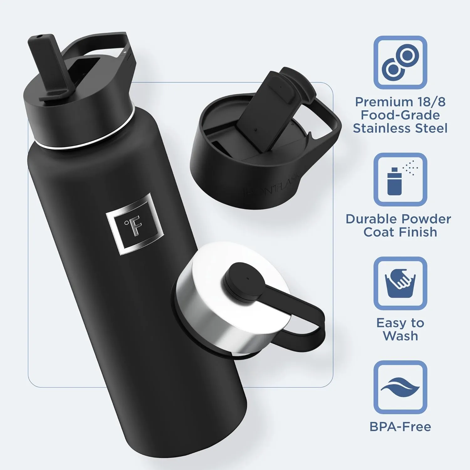 IRON °FLASK Camping & Hiking Hydration Flask with 3 Lids - Stainless Steel, Double Walled & Vacuum Insulated Water Bottle - Leak Proof & BPA Free (Sage, Straw - 40 oz)