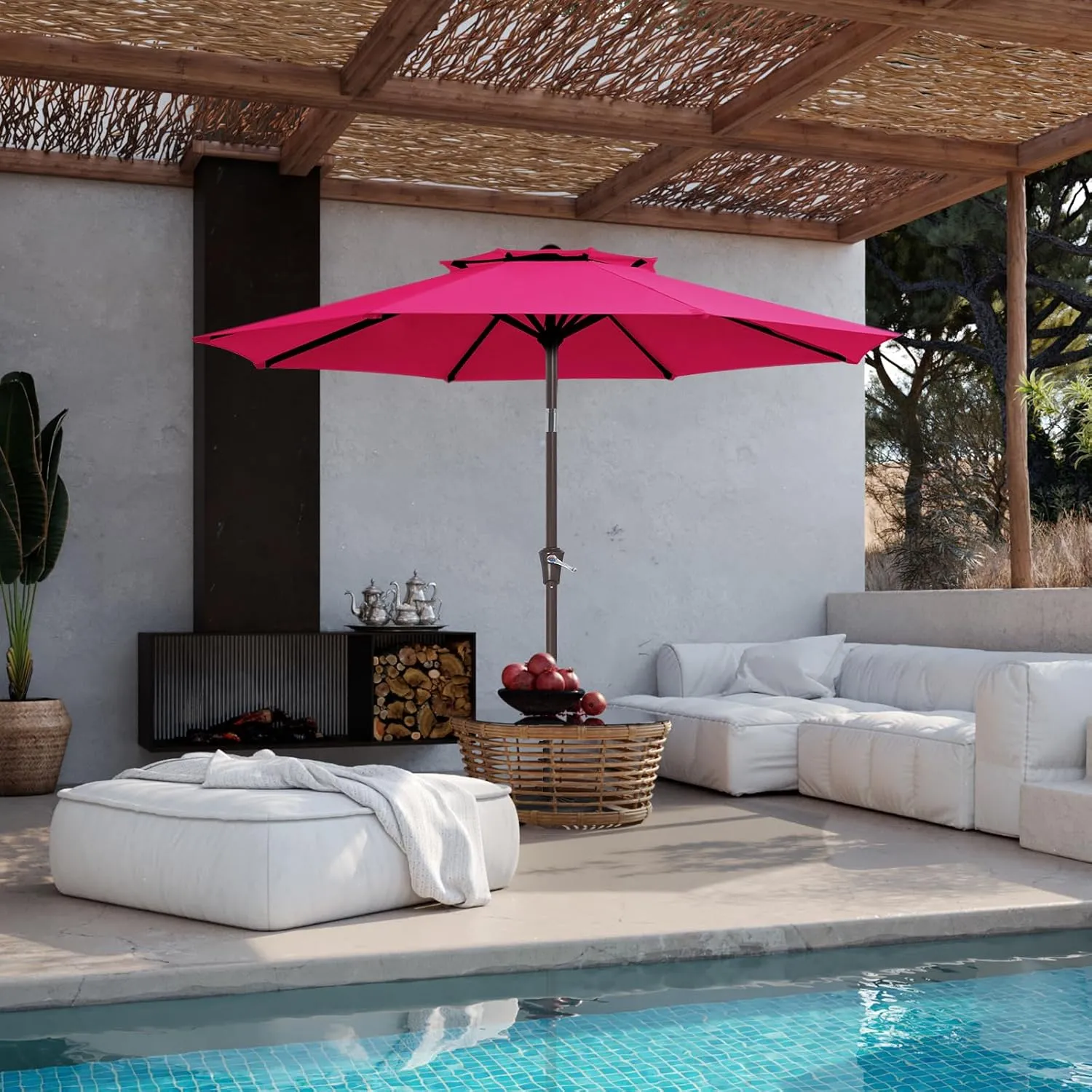 JEAREY 9' 2-Tiers Patio Umbrellas Outdoor Table Market Umbrella w/Push Button Tilt/Crank, 8 Sturdy Ribs, UV Protection Waterproof Sunproof(Rose Pink)