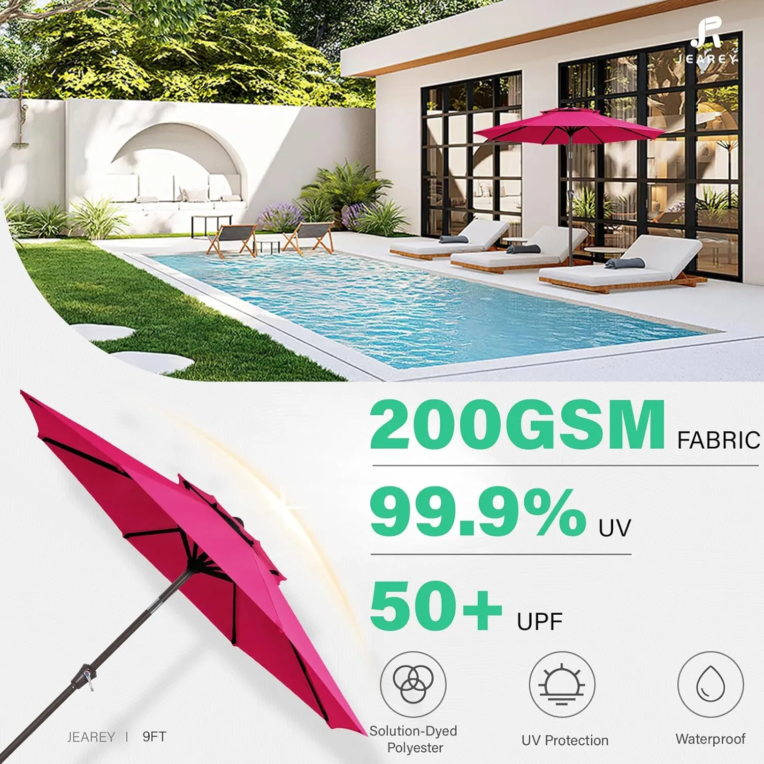 JEAREY 9' 2-Tiers Patio Umbrellas Outdoor Table Market Umbrella w/Push Button Tilt/Crank, 8 Sturdy Ribs, UV Protection Waterproof Sunproof(Rose Pink)