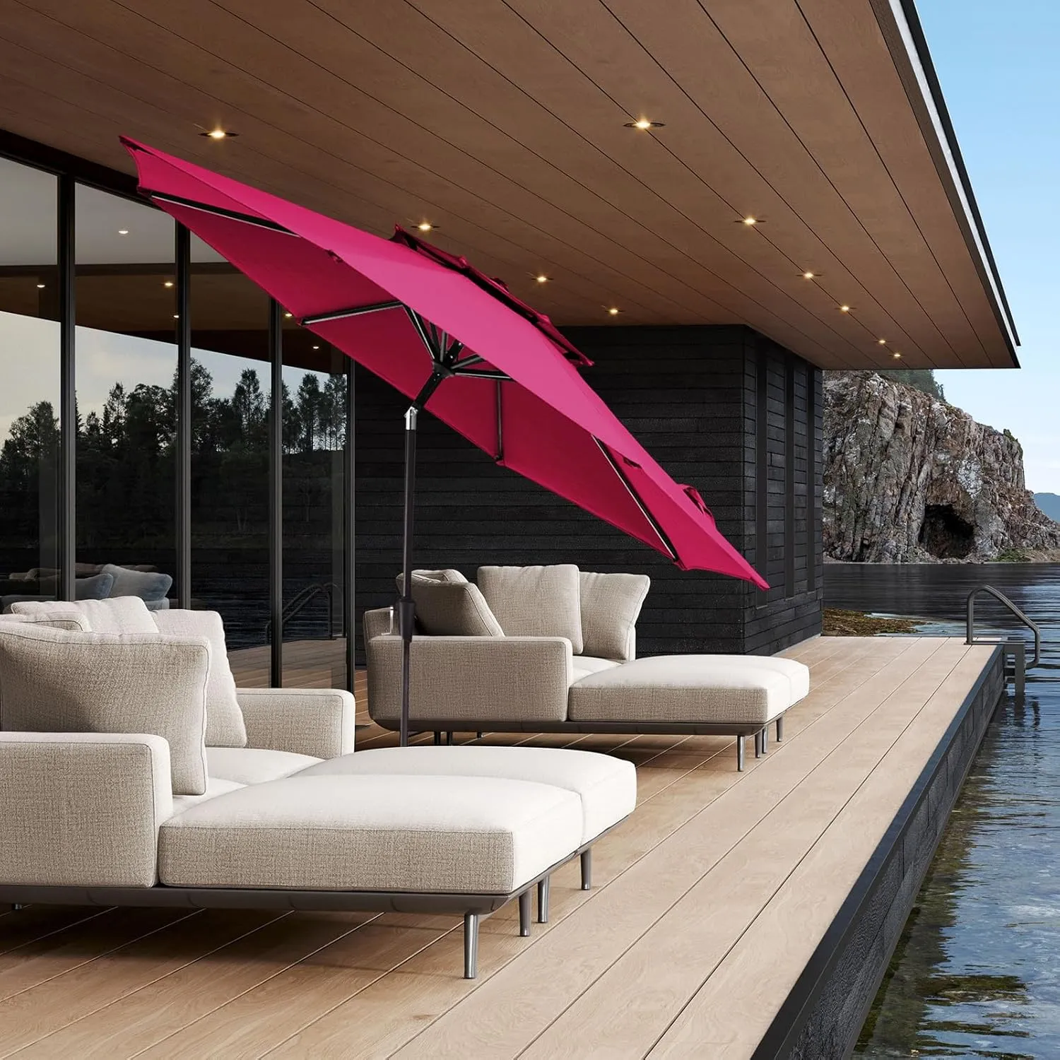 JEAREY 9' 2-Tiers Patio Umbrellas Outdoor Table Market Umbrella w/Push Button Tilt/Crank, 8 Sturdy Ribs, UV Protection Waterproof Sunproof(Rose Pink)