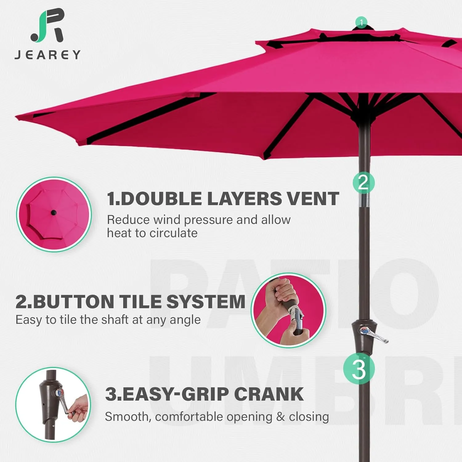 JEAREY 9' 2-Tiers Patio Umbrellas Outdoor Table Market Umbrella w/Push Button Tilt/Crank, 8 Sturdy Ribs, UV Protection Waterproof Sunproof(Rose Pink)