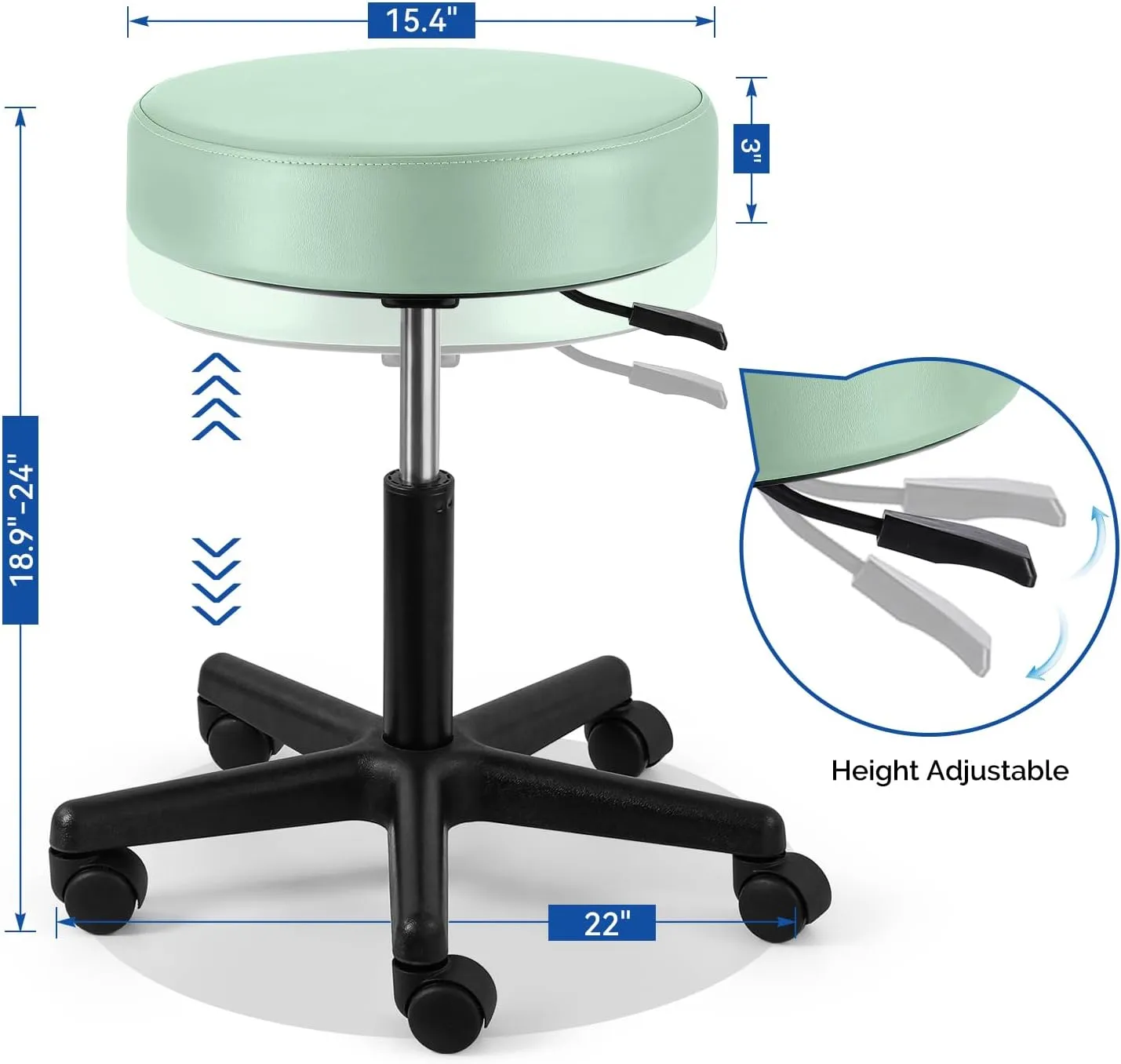JMU Rolling Stool with Wheels, PVC Leather Large Seat Stool, 400lbs Weight Capacity, Heavy Duty Adjustable Height for Medical Tattoo Office Lab Dentists Healthcare(Mint Green)
