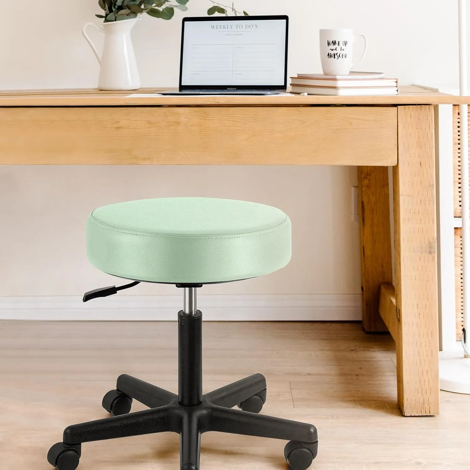 JMU Rolling Stool with Wheels, PVC Leather Large Seat Stool, 400lbs Weight Capacity, Heavy Duty Adjustable Height for Medical Tattoo Office Lab Dentists Healthcare(Mint Green)