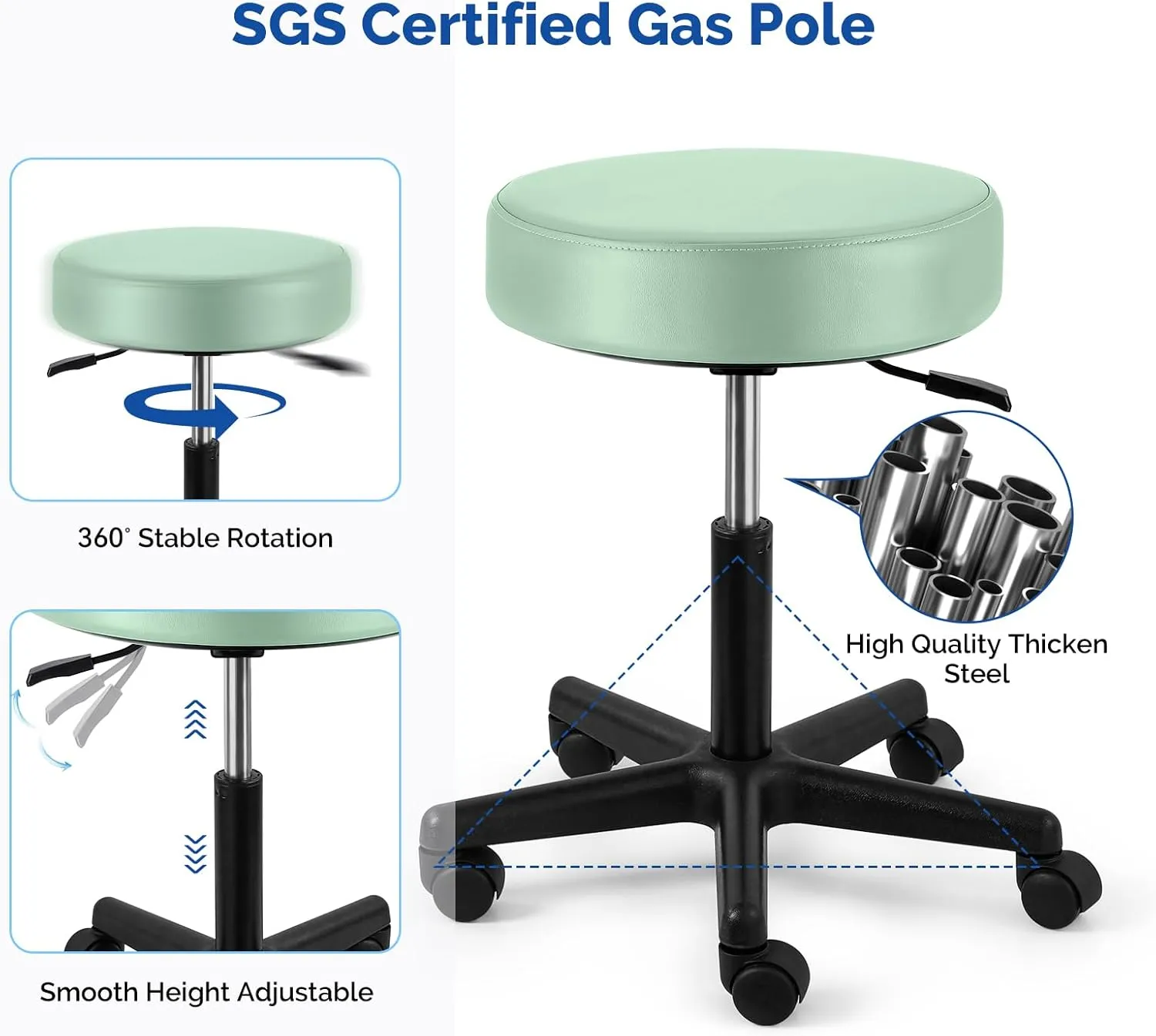 JMU Rolling Stool with Wheels, PVC Leather Large Seat Stool, 400lbs Weight Capacity, Heavy Duty Adjustable Height for Medical Tattoo Office Lab Dentists Healthcare(Mint Green)