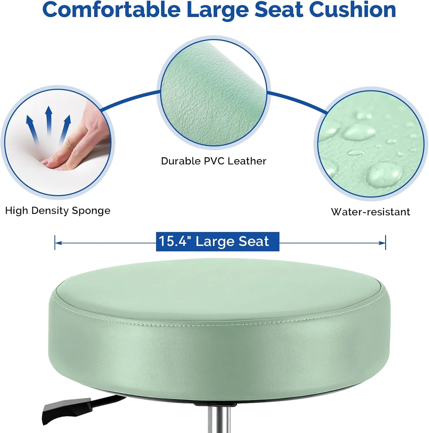 JMU Rolling Stool with Wheels, PVC Leather Large Seat Stool, 400lbs Weight Capacity, Heavy Duty Adjustable Height for Medical Tattoo Office Lab Dentists Healthcare(Mint Green)