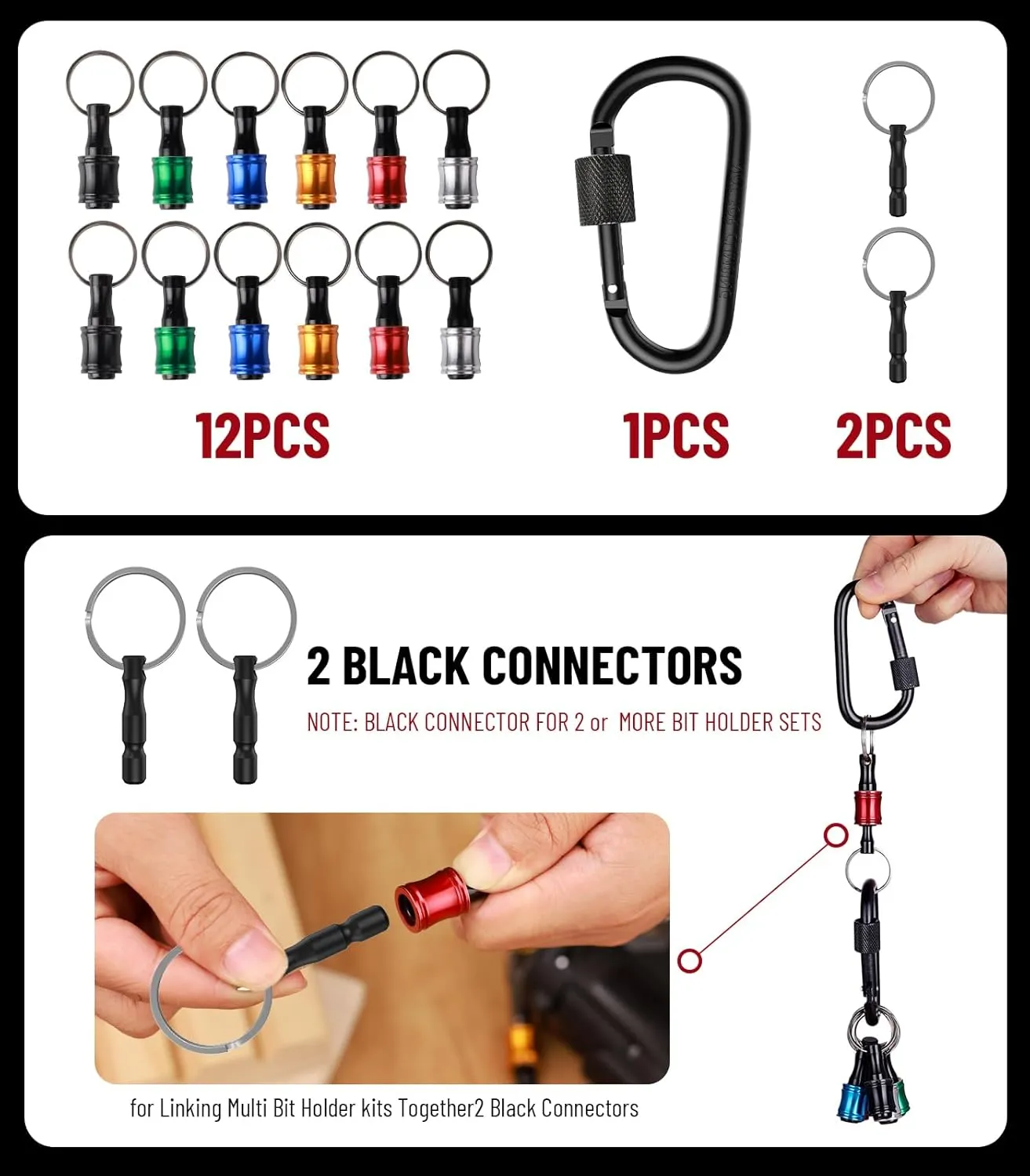 Katerk Portable Bit holder Keychain 12pcs Holders and 2pcs Connection Rods, 1/4 inch Hex Shank Screwdriver Bits Retainer, Quick Realease Bar Drill Screw Adapter Light-weight