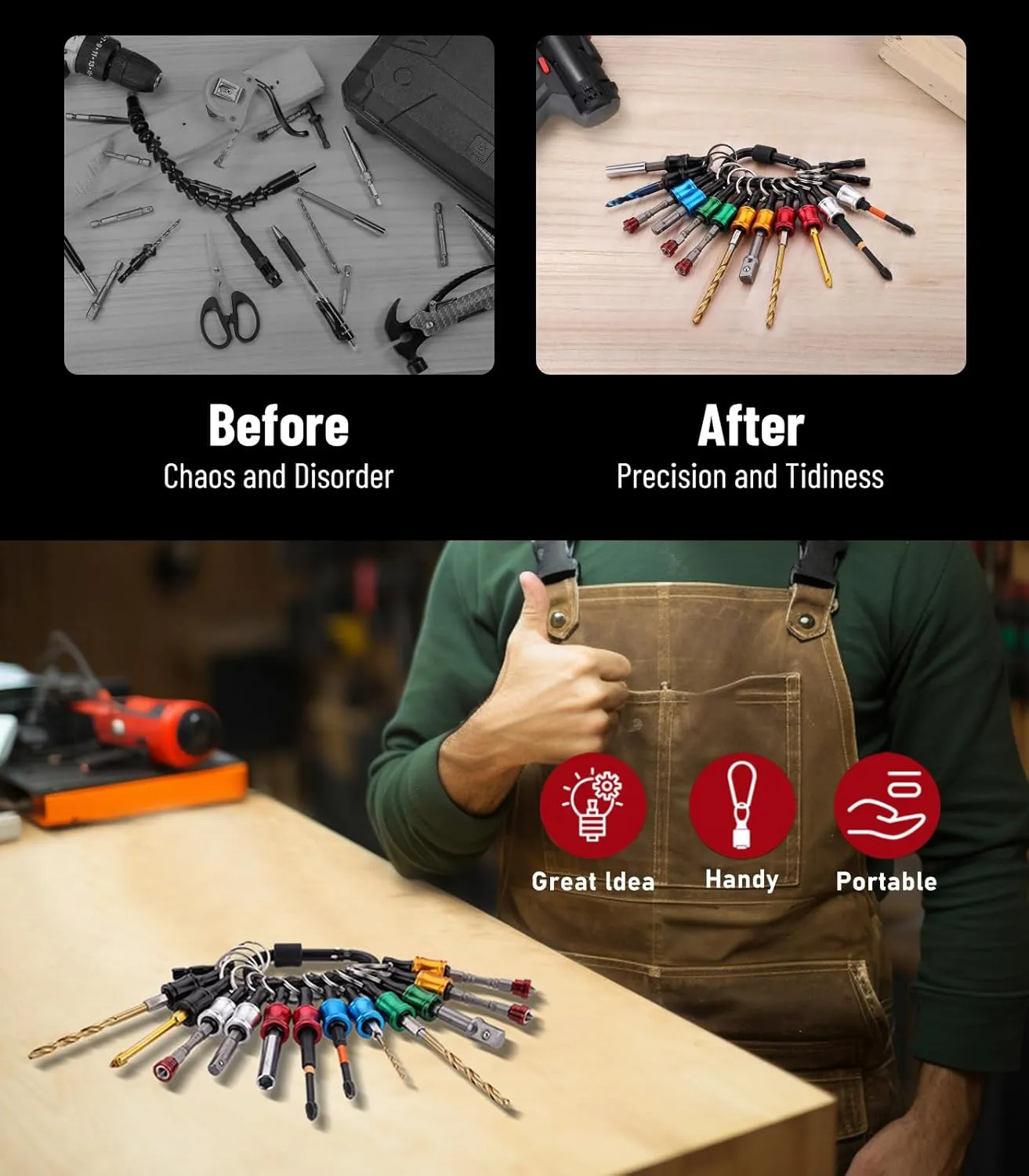 Katerk Portable Bit holder Keychain 12pcs Holders and 2pcs Connection Rods, 1/4 inch Hex Shank Screwdriver Bits Retainer, Quick Realease Bar Drill Screw Adapter Light-weight
