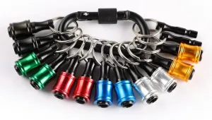 Katerk Portable Bit holder Keychain 12pcs Holders and 2pcs Connection Rods, 1/4 inch Hex Shank Screwdriver Bits Retainer, Quick Realease Bar Drill Screw Adapter Light-weight