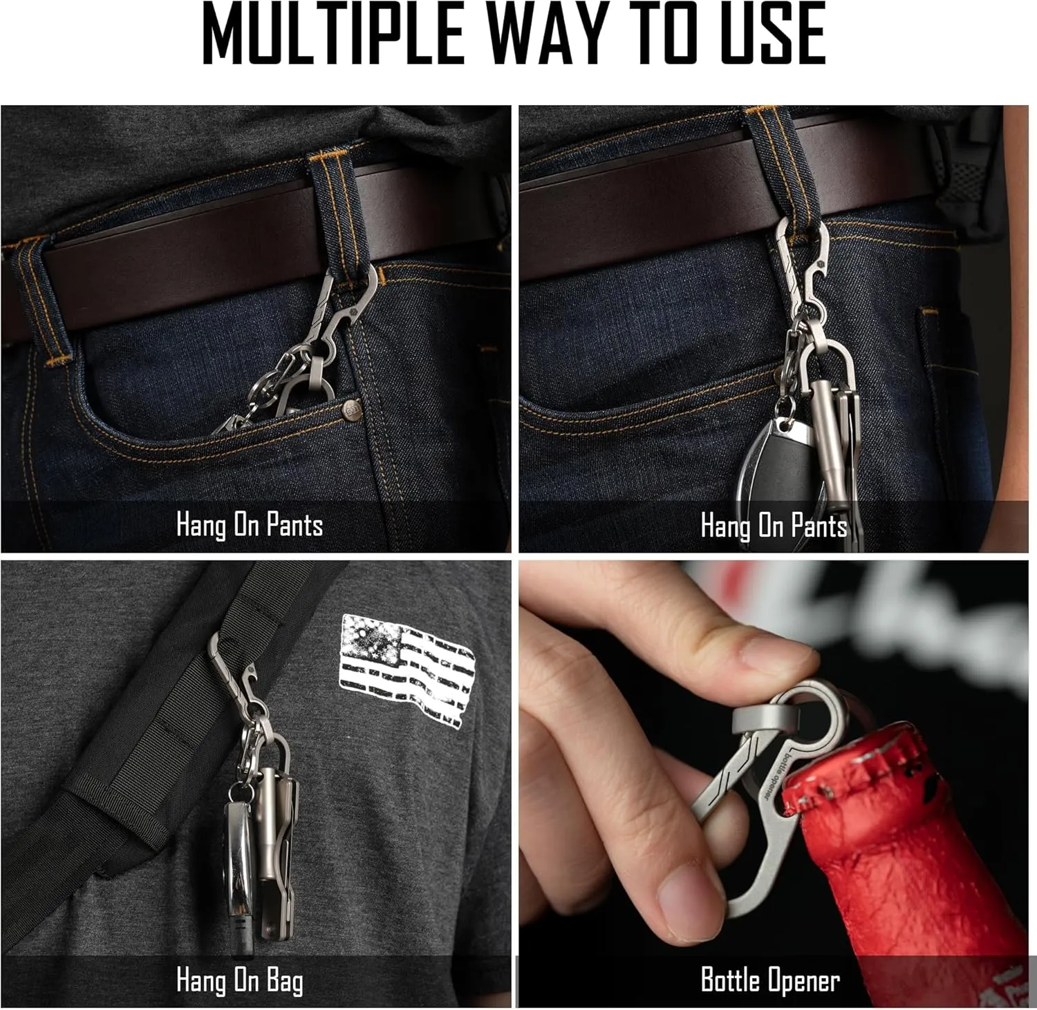 KeyUnity KM01 Titanium EDC Keychain Clip with Bottle Opener, Quick Release Carabiner Key Ring Holder for Men