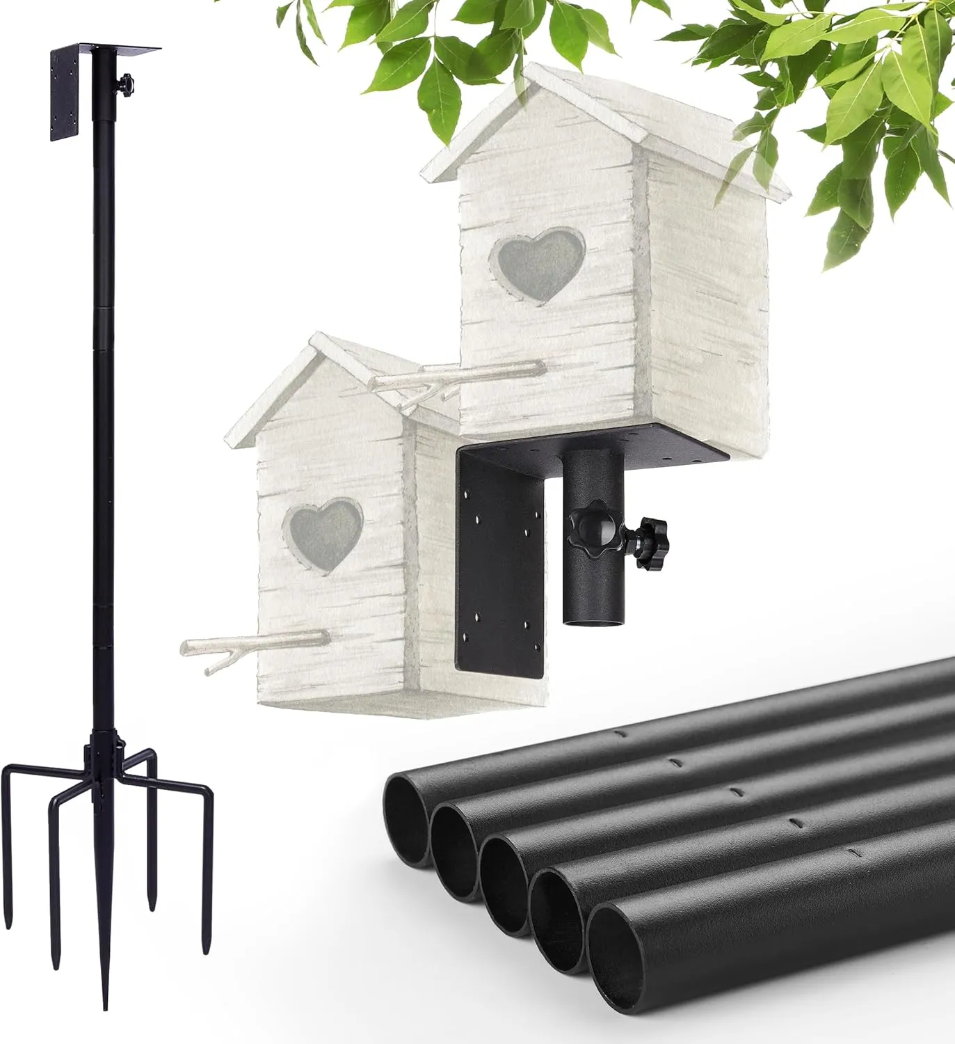 Kingsyard Heavy Duty Bird House Pole for Outdoor - 80 Inch Smart Bird Feeder Pole with 5 Prongs Base and Mounting Platform, Easy to Install, Black