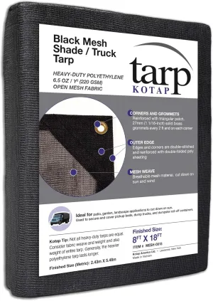 Kotap 8 x 18 Ft. Reinforced Shade/Truck Tarp for Debris Coverage, Partial Sun Coverage, Air Flow/Breathability Mesh, 6.5 oz/sq Yard, MESH-0818, Black (1-Pack)